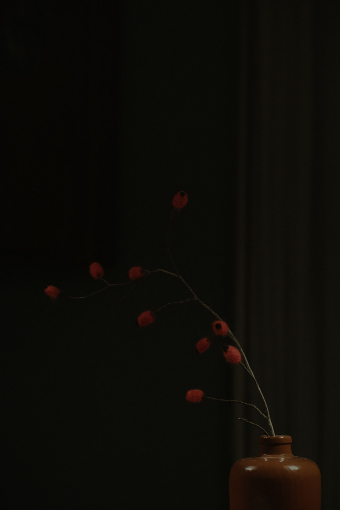 Foto einer Tonvase. Es ist nur der oberer Teil der Vase zu sehen. Ein einzelner dünner Ast steht in der Vase. An seinen Enden wurden rote Hagebutten aus Filz befestigt. Der Hintergrund ist dunkel, so dass die Hagebutten wie kleine rote Punkte davor abheben