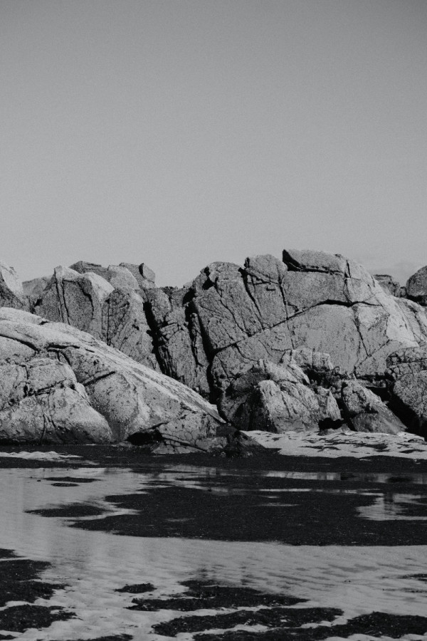 Strand bei Ebbe. Algen schwimmen schwarz im Wasser. Dahinter erhebt sich eine Felsformation.